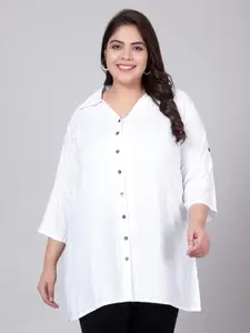 Indietoga Women Plus Size White Regular Fit Solid Rayon Longline Casual Shirt