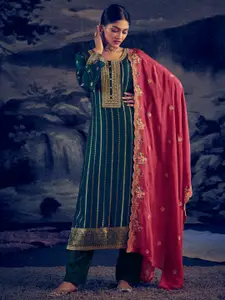 Stylee LIFESTYLE Teal & Pink Embroidered Pure Silk Unstitched Dress Material