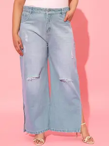 CURVY STREET Women Blue Cotton Flared High-Rise Low Distress Light Fade Jeans