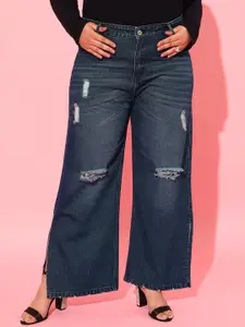 CURVY STREET Women Blue Cotton Flared High-Rise Highly Distressed Light Fade Jeans