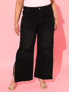 CURVY STREET Women Black Cotton Flared High-Rise Slash Knee Jeans