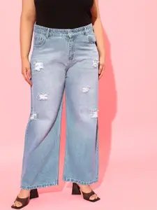 CURVY STREET Women Blue Cotton Flared High-Rise Highly Distressed Heavy Fade Jeans