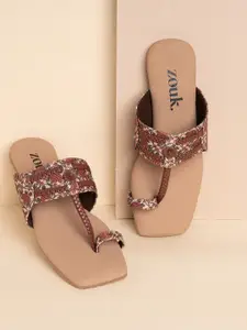 ZOUK Women Brown Printed Ethnic One Toe Kolhapuri Flats