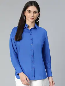 Oxolloxo Women Blue Standard Cotton Spread Collar Casual Shirt