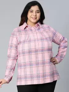 Oxolloxo Women Pink Tartan Checked Cotton Plus Size Casual Shirt