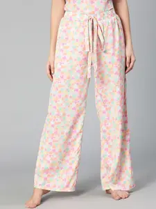 Oxolloxo Women Pink Heart Printed Flared Lounge Pants