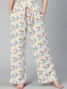 Oxolloxo Women White & Blue Floral Printed Lounge Pant