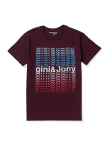 Gini and Jony Boys Maroon Printed Cotton T-shirt