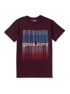 Gini and Jony Boys Maroon & Blue Printed Cotton T-shirt