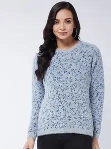 Modeve Women Grey & Blue Floral Printed Acrylic Pullover