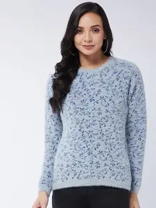 Modeve Women Grey & Blue Floral Printed Acrylic Pullover