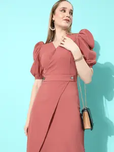 her by invictus Pretty Peach Solid Belted Once Upon A Sleeve Dress