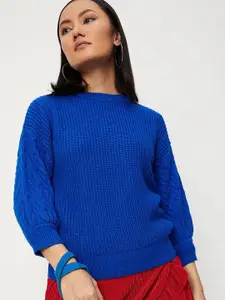 max Women Blue Ribbed Pullover