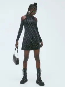 H&M Women Black Rhinestone-Embellished Cold Shoulder Dress