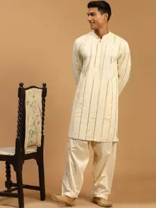 SHRESTHA BY VASTRAMAY Men Cream-Coloured Embroidered Mirror Work Kurta with Patiala