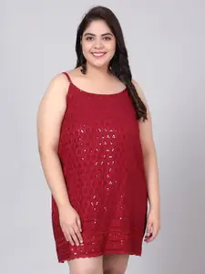 Indietoga Plus Size Maroon Embroidered & Sequinned A-Line Knee-Length Strap Dress