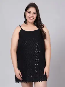 Indietoga Plus Size Black Embroidered & Sequinned A-Line Knee-Length Strap Dress