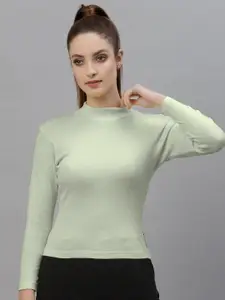 Friskers Sea Green High Neck Long Sleeve Casual Top