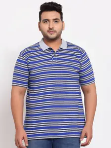 plusS Men Plus Size Blue & Grey Striped Polo Collar Cotton T-shirt