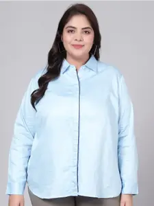 Indietoga Women Blue Classic Slim Fit Plus Size Cotton Formal Shirt