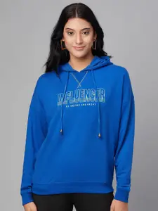 Club York Women Blue Cotton Printed Hooded Sweatshirt