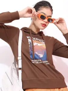 KETCH Women Brown Printed Cotton Hooded Sweatshirt