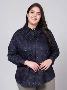 Indietoga Women Navy Blue Classic Slim Fit Printed Plus Size Cotton Formal Shirt