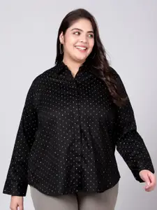 Indietoga Women Black Classic Slim Fit Printed Cotton Plus Size Formal Shirt