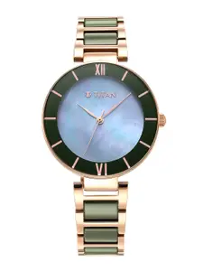 Titan Women Blue Mother of Pearl Dial & Rose Gold-Plated Ceramic Bracelet Style Straps Analogue Watch