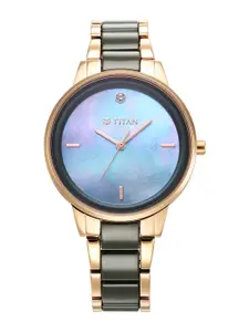 Titan Women Blue Mother of Pearl Dial & Rose Gold Toned Ceramic Bracelet Style Straps Analogue Watch