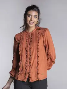 MKOAL Women Copper-Toned Relaxed Mandarin Collar Casual Shirt
