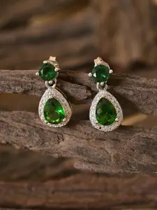 SOHI Green & Silver-Plated Contemporary Drop Earrings