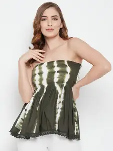 Ruhaans Olive Green & White Tie and Dye Printed Tube Top