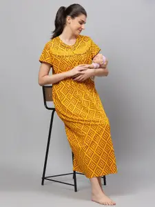 AV2 Women Yellow Printed Cotton Maxi Maternity Nightdress