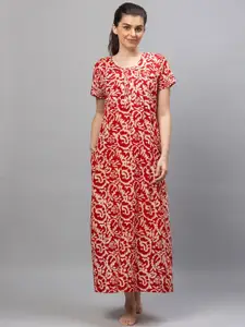 AV2 Women Red Printed Cotton Maxi Nightdress
