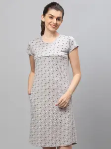 AV2 Women Grey Printed Cotton Maternity Nightdress