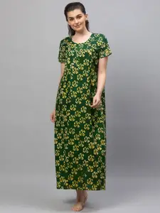 AV2 Women Green Printed Cotton Maxi Nightdress
