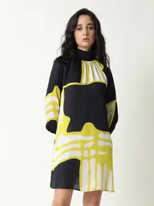 RAREISM Black & Yellow Abstract Printed Sheath Dress
