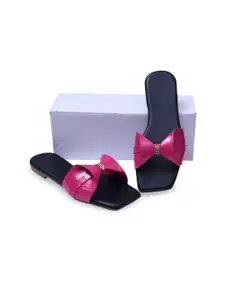 PERY PAO Women Magenta Bows Embellished Open Toe Flats