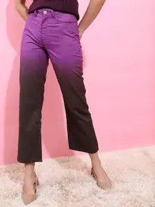 Tokyo Talkies Women Purple Cotton Flared Low Distress Jeans