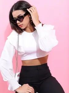Tokyo Talkies White round Neck  crop top with Frill Shoulder Detail