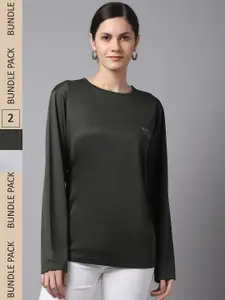MACK JONNEY JONNEY Women Olive Green & Grey Melange Pack of 2 Dry-Fit T-shirt