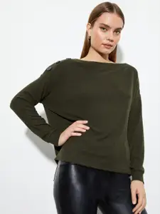 DOROTHY PERKINS Women Olive Green Button Shoulder Soft Touch Batwing Pullover