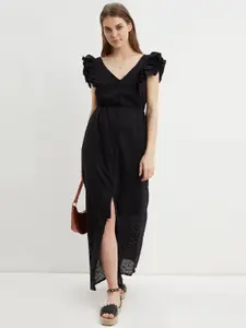 DOROTHY PERKINS Black Cotton Schiffli Embroidered Front Slit Maxi Dress