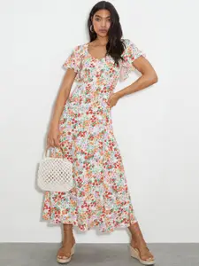 DOROTHY PERKINS Off White & Red Floral Print Midi Dress