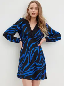 DOROTHY PERKINS Black & Blue Zebra Print A-Line Mini Dress