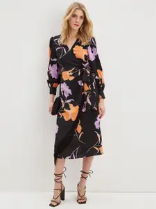 DOROTHY PERKINS Black & Lavender Floral Printed Wrap Midi Dress