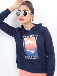 KETCH Women Navy Blue Printed Cotton Hooded Sweatshirt
