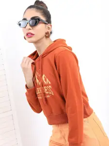 KETCH Women Rust Printed Cotton Hooded Sweatshirt