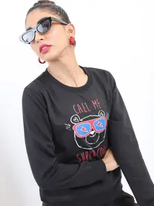 KETCH Women Black Printed Cotton Sweatshirt
